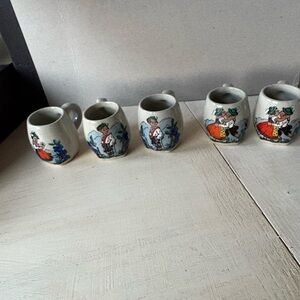 Set of 5 Vintage Mini German Ceramic steins with Colorful Illustrations